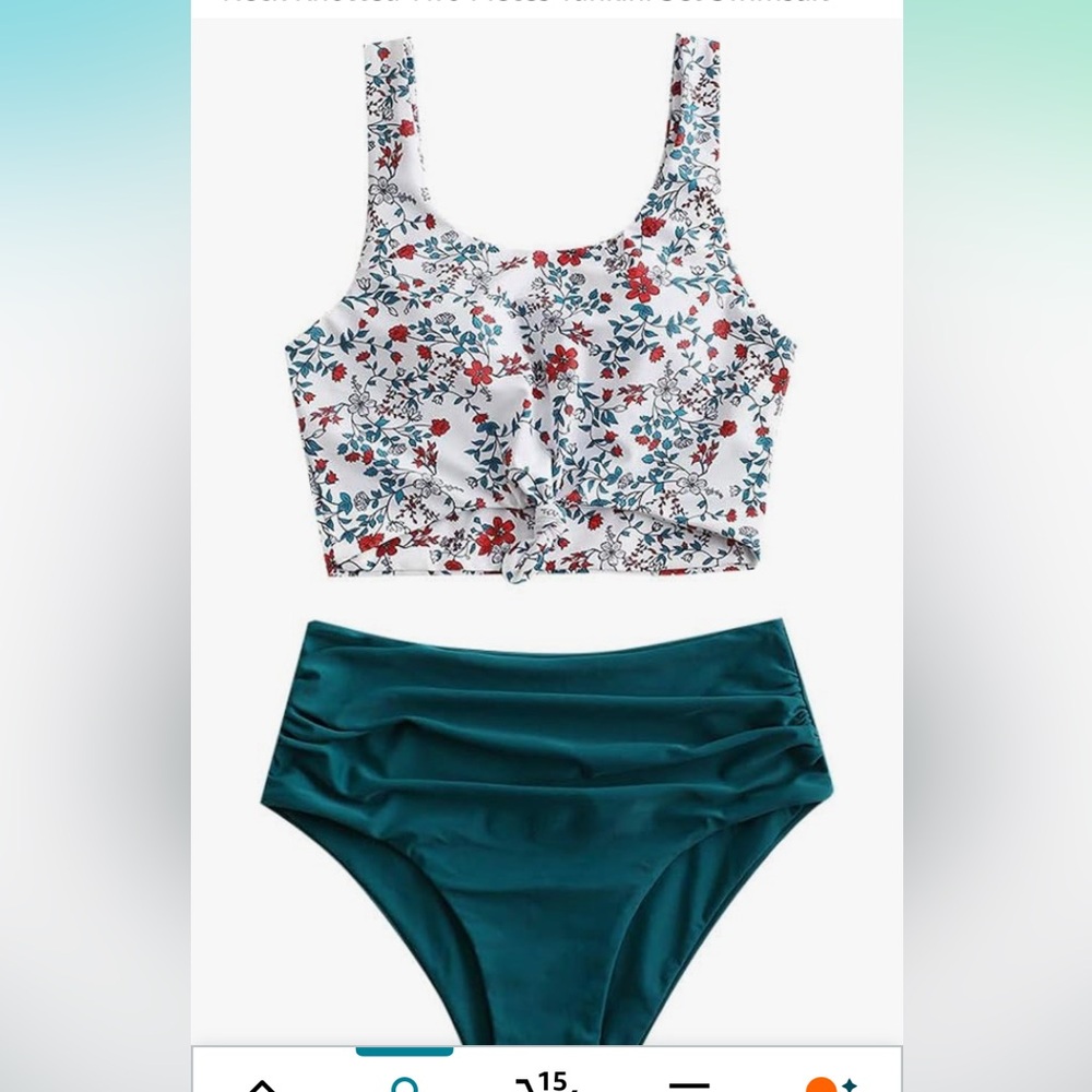 🚘Zaful Floral Sports Bra and Teal bottom swim  Set high waisted Tankini scoop ti